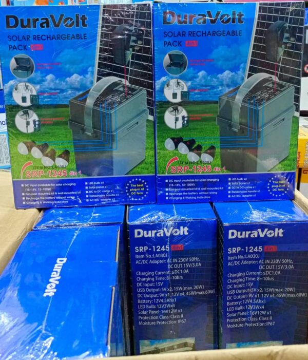 Duravolt Solar Rechargeable Fan with 4 Bulbs