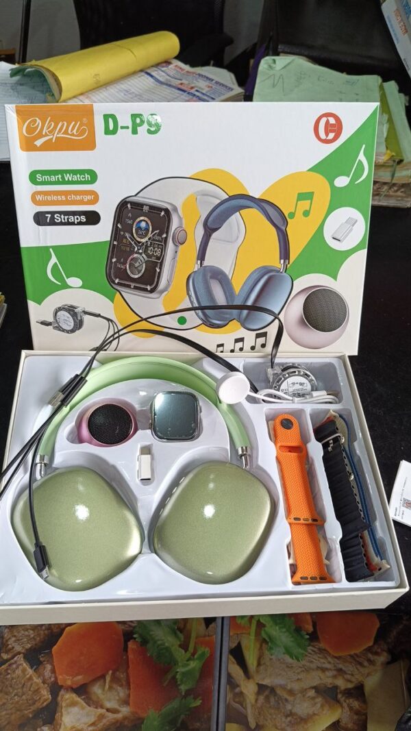 D- P9-7 straps,head phones, separate loud speaker 3 in 1 multiple charger, typec ,USB,and iPhone, smart Watch