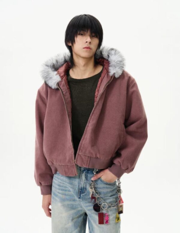 FAUX FUR ZIPPER DENIM HOODIE - Image 2